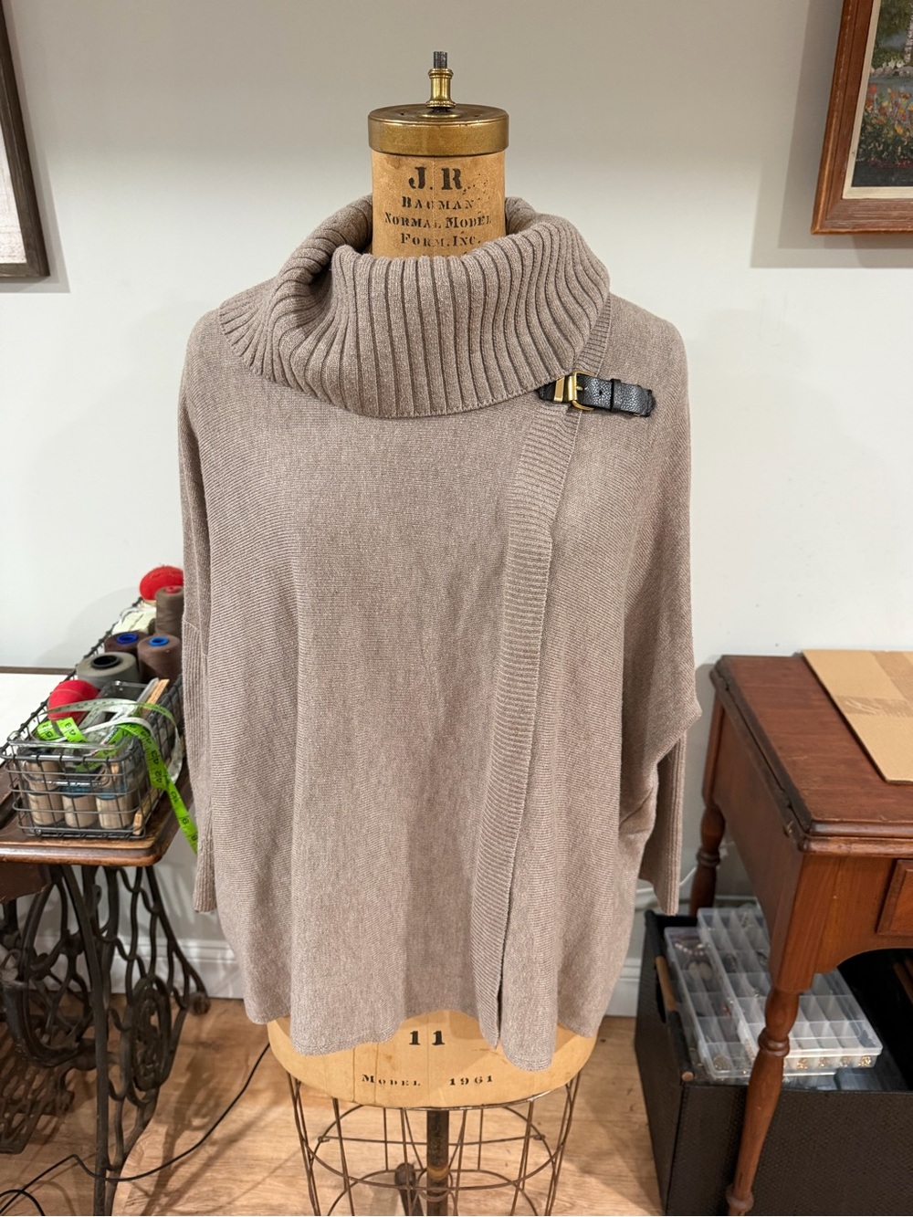 Calvin Klein Taupe Foldover Cowl Neck Poncho with Buckle